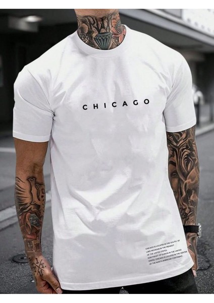 Beyaz Chicago Baskılı Oversıze Bol Kesim Tshirt