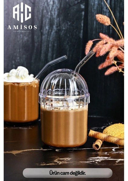 AC AMİSOS Monica 4'lü Cam Pipetli Kristal Desenli Bardak - 400 ml | Soğuk Kahve, Limonata ve Meşrubat Bardağı