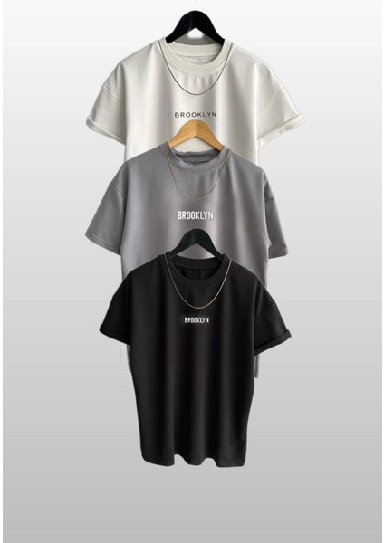 Unisex Brooklyn Baskılı 3lü Paket Yeşil-Mint Yeşil-Nefti Yeşil T-Shirt