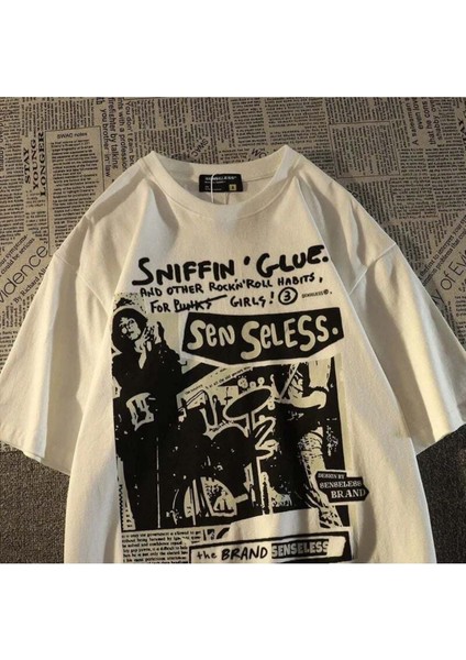 Grunge Karikatür Baskılı Unısex Bol Kesim Oversıze T-Shirt
