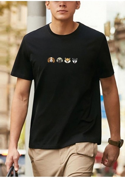 Siyah Oversıze Minimal Cartoon Dog Baskılı Bol Kesım Tshirt