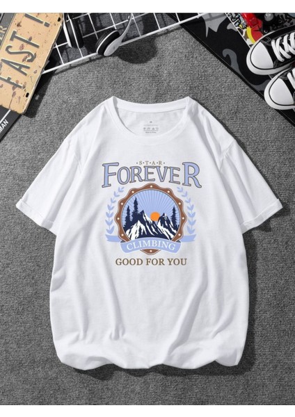 Beyaz Oversıze Forever Clımbıng Baskılı Bol Kesım Tshirt