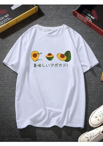 Beyaz Oversıze Avokado Japan Yazılı Tasarım Baskılı Bol Kesım Tshirt