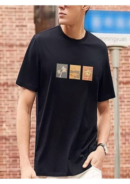 Siyah Oversıze Minimal Palmiye Baskılı Bol Kesım Tshirt