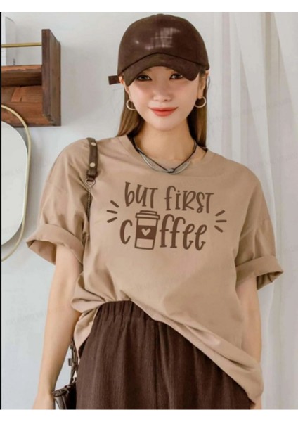 But First Coffee Camel Oversize Boyfriend Kadın T-Shirt