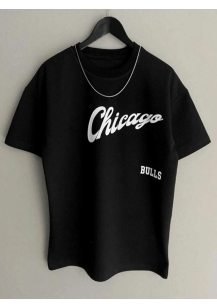 Unisex Chicago Özel Baskılı Oversize Penye T-Shirt