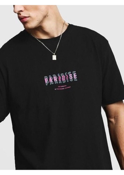 Siyah Oversıze Paradıse Baskılı Bol Kesım Tshirt