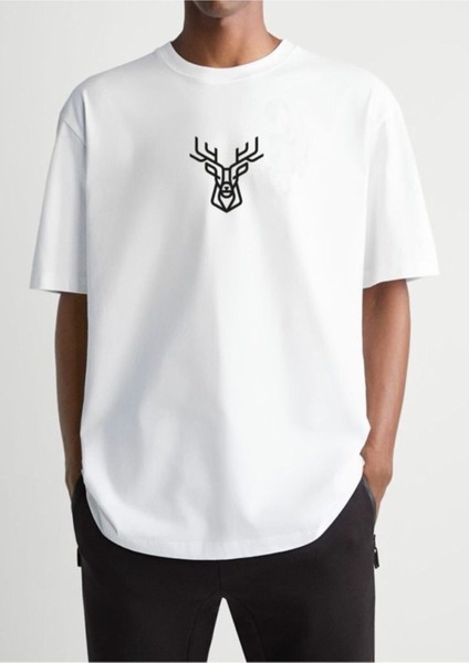 Geyik Baskılı Oversıze Beyaz T-Shırt Bol Kesim Tshirt