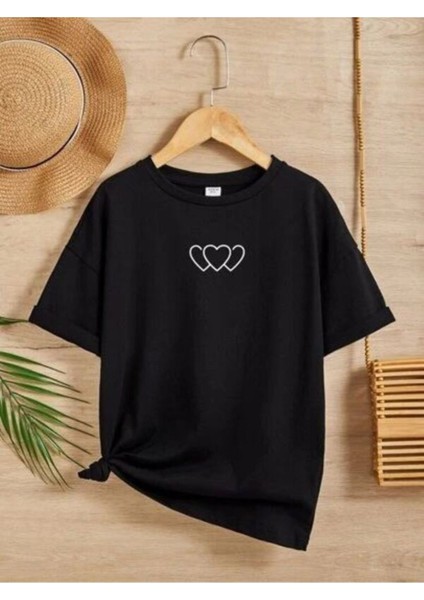 Siyah Oversıze Üçlü Minimal Kalp Baskılı Bol Kesım Tshirt