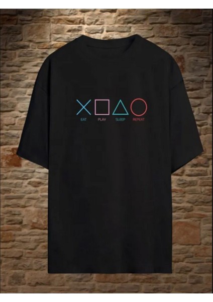 Unisex Eat Play Sleep Repeat Baskılı Oversıze Siyah Tshirt