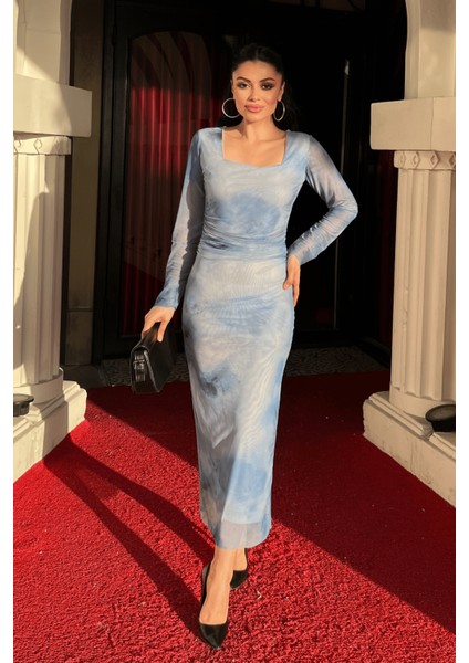 Tül Kumaş Büzgü Detaylı Kalem Elbise - Bebe Mavisi