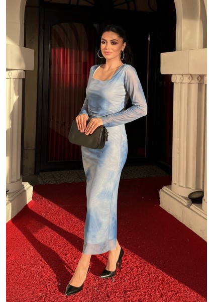 Tül Kumaş Büzgü Detaylı Kalem Elbise - Bebe Mavisi fiyatları