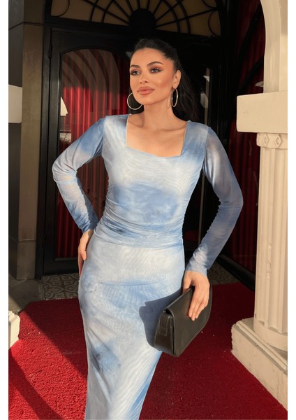 Tül Kumaş Büzgü Detaylı Kalem Elbise - Bebe Mavisi modelleri