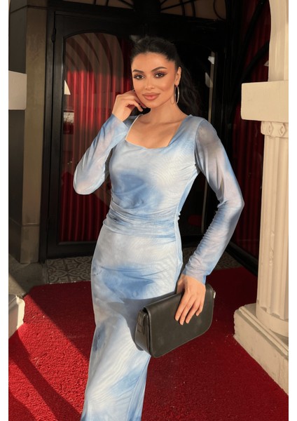 Tül Kumaş Büzgü Detaylı Kalem Elbise - Bebe Mavisi fırsatları