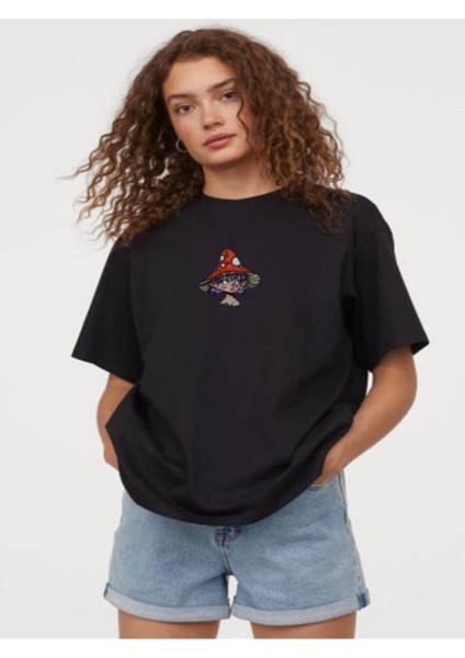 Mantar Kız Ön Baskılı Oversize Siyah Tshirt