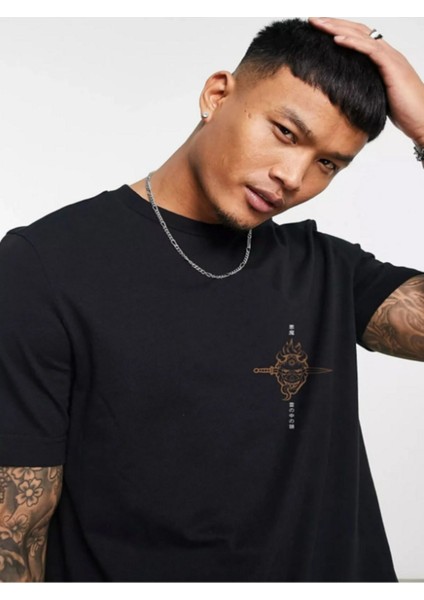 Siyah Tişört Ön ve Arka Baskılı Oversize T-Shirt Şeytan Kafa