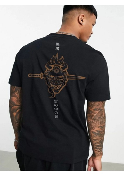 Siyah Tişört Ön ve Arka Baskılı Oversize T-Shirt Şeytan Kafa