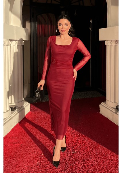 Tül Kumaş Büzgü Detaylı Kalem Elbise - Düz Bordo