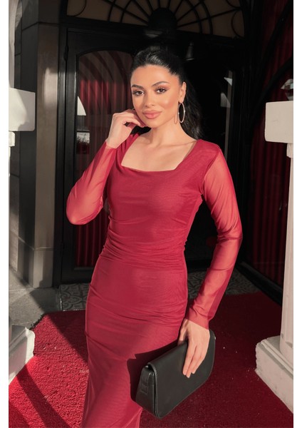 Tül Kumaş Büzgü Detaylı Kalem Elbise - Düz Bordo modelleri