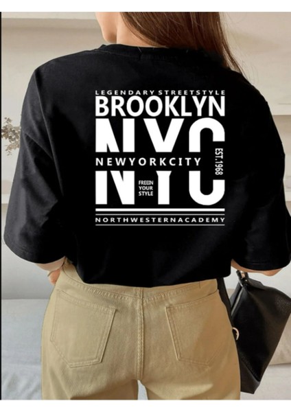 Unısex Brooklyn Arka Baskılı Oversıze Tshırt Siyah Bol Kesim