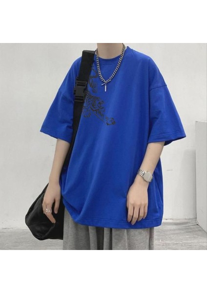Kaplan Baskılı Tasarım Saks Mavisi Baskılı Oversize Unisex Bisiklet Yaka T-Shirt