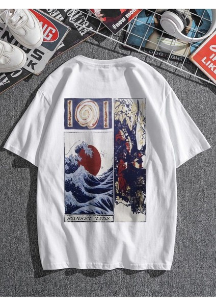 Beyaz Oversıze Japanese Wave Yazılı Baskılı Bol Kesım Tshirt