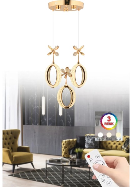 Istanbul Avize Zeus 3'lü Gold Kumandalı 3 Renk Ledli Modern LED Avize