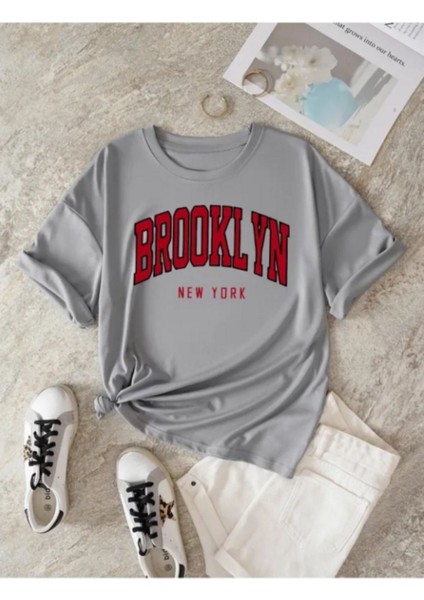 New York Brooklyn Baskılı Gri Oversıze Unısex Tshirt