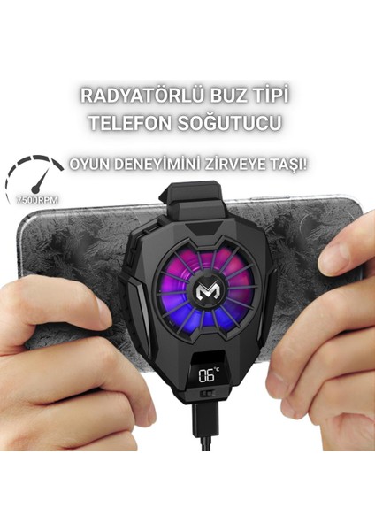 7500RPM Buz Tipi Radyatörlü LED Işıklı Telefon Soğutucu Fan, Sıcaklık Göstergeli Sessiz Soğutucu