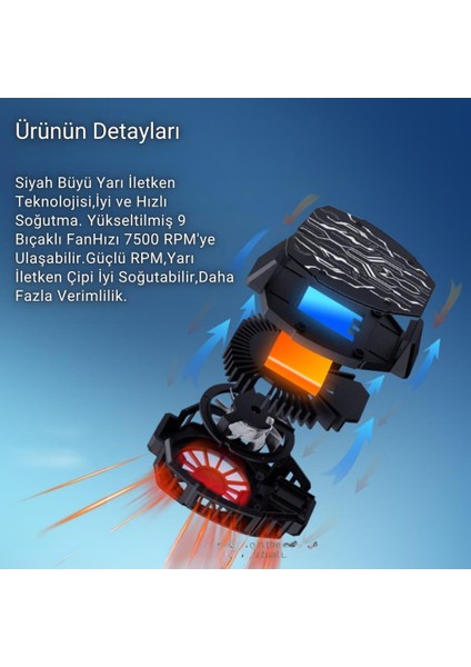 7500RPM Buz Tipi Radyatörlü LED Işıklı Telefon Soğutucu Fan, Sıcaklık Göstergeli Sessiz Soğutucu indirimleri