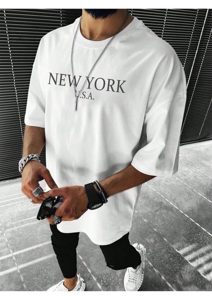 New York Usa Baskılı Oversize Unisex Tişört