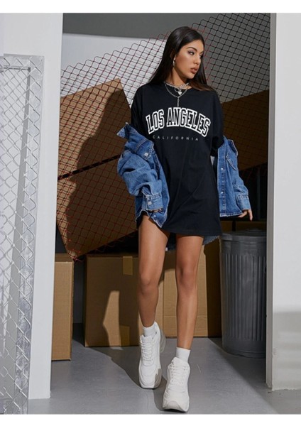Siyah Los Angeles Yazılı Oversize T-Shirt Bol Kesim/rahat Kesim
