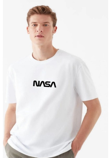 Nasa Yazılı Beyaz Baskılı Oversıze Bol Kesim Tshirt