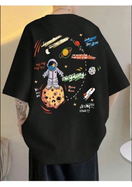 Siyah Oversıze On-Arka Baskılı Tshirt Galaxy Tasarım Baskılı