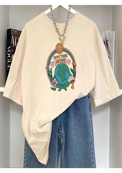 Krem Oversıze Mantar Love Your Mother Tasarım Baskılı Bol Kesım Tshirt