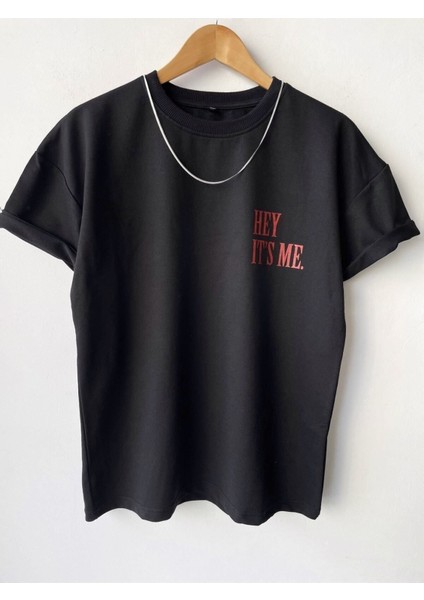 Erkek Hey It's Me Baskılı Bisiklet Yaka Oversize T-Shirt Bol Kesim
