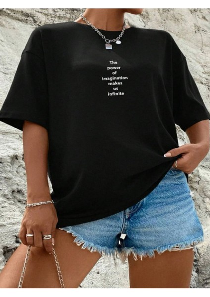 Unisex The Power Of Baskılı Yazılı Tasarım Siyah Oversize Tshirt