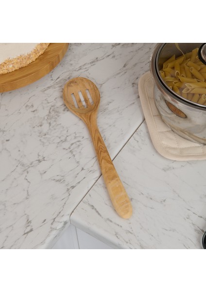 Zeytin Ağacı Delikli Pişirme Kaşığı - Açık Kahverengi - 30 cm