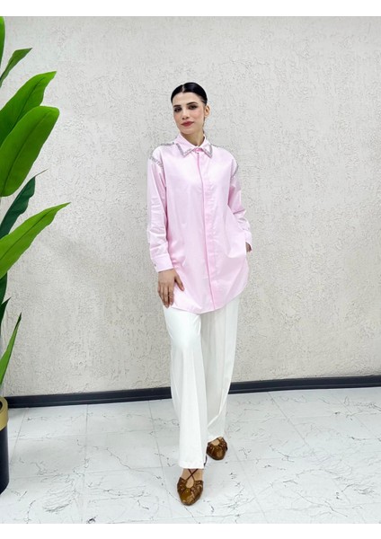 Yakası Omuzu Taş Işlemeli Poplin gömlek modelleri