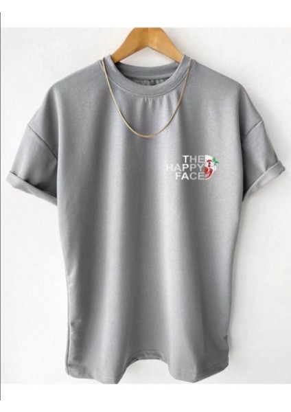 Erkek Gri Happy Face Baskılı Oversize Tshirt