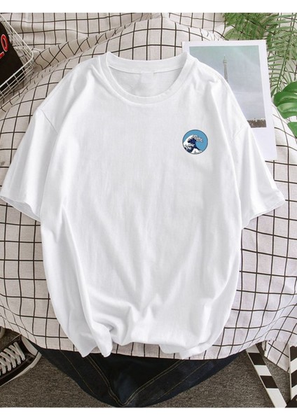 Beyaz Oversıze Minimal Dalga Baskılı Bol Kesım Tshirt