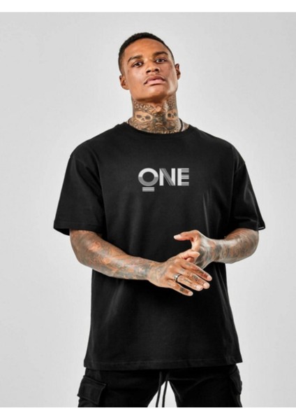 Oversize One Baskılı Siyah Unısex Tshirt