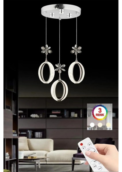Istanbul Avize Zeus 3'lü Gümüş Kumandalı 3 Renk Ledli Modern LED Avize