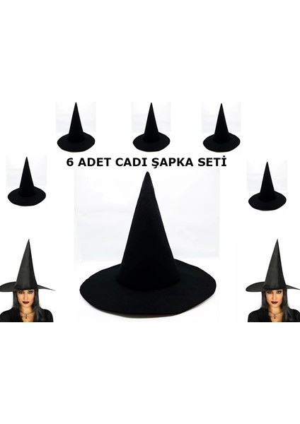 Siyah Cadı Şapkası Keçe Yetişkin Boy 6 Adet
