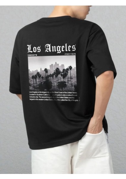 Unısex Los Angeles Ön/arka Baskılı Oversıze Siyah Tshirt