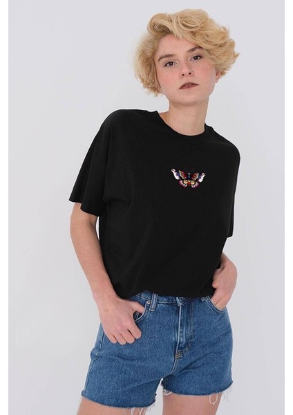 Kadın Siyah Önü Kelebek Baskılı Bisiklet Yaka Oversize /bol Kesim / Rahat Tshırt