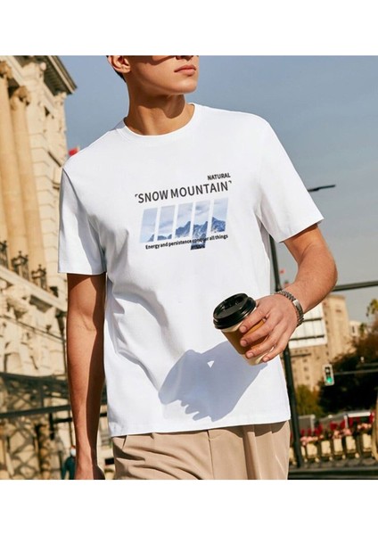 Beyaz Oversıze Snowmountaın Baskılı Bol Kesım Tshirt