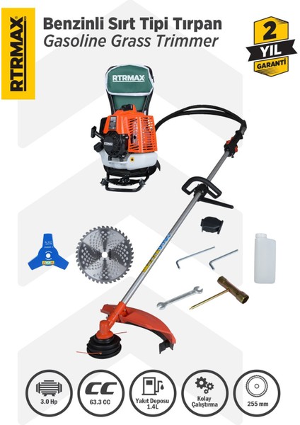 RTM9640 Benzinli Sırt Tipi Tırpan 63Cc 3.0Hp (Tırpan Bıçağı,Misina Başlığı,Tırpan Testeresi Hediye)