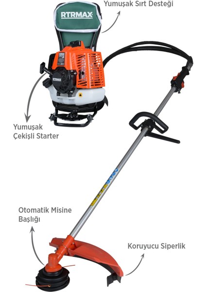 RTM9640 Benzinli Sırt Tipi Tırpan 63Cc 3.0Hp (Tırpan Bıçağı,Misina Başlığı,Tırpan Testeresi Hediye)