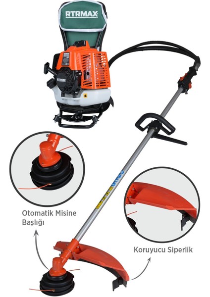 RTM9640 Benzinli Sırt Tipi Tırpan 63Cc 3.0Hp (Tırpan Bıçağı,Misina Başlığı,Tırpan Testeresi Hediye)
